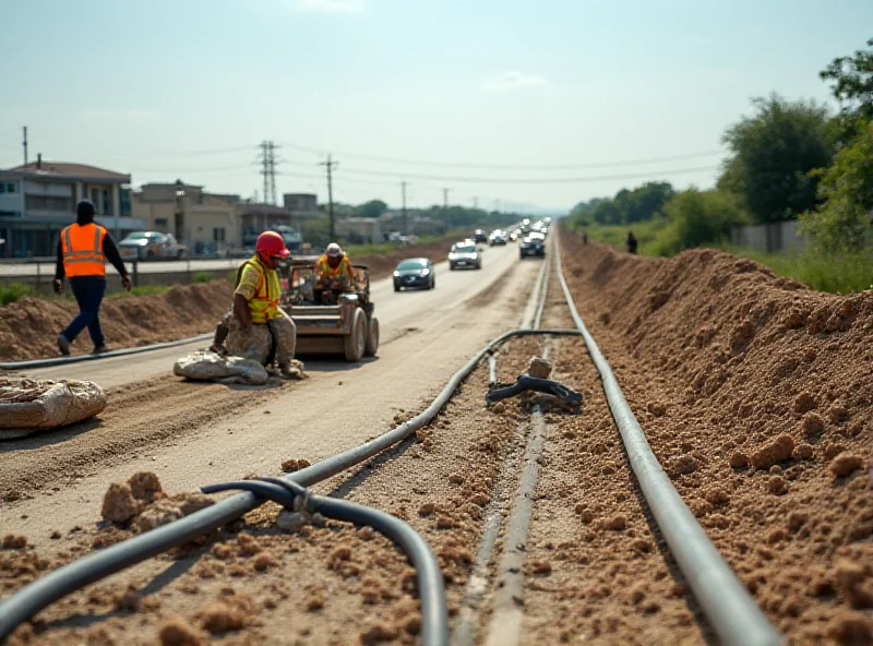 Aerial view of road construction in Nigeria with fibre optic cables visible.