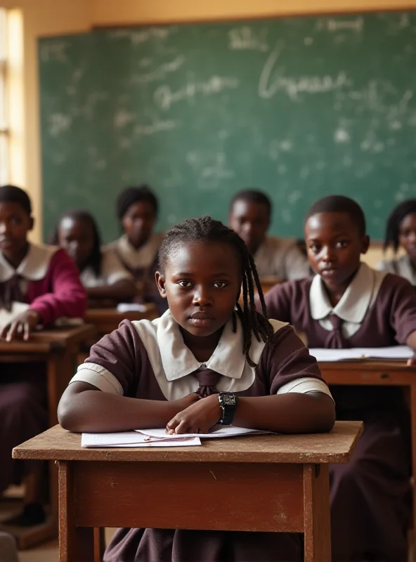 A group of young Nigerian girls in school uniforms, sitting in a classroom, with a chalkboard in the background.