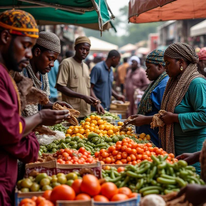 A busy market scene in Nigeria during Ramadan, with people buying and selling food.