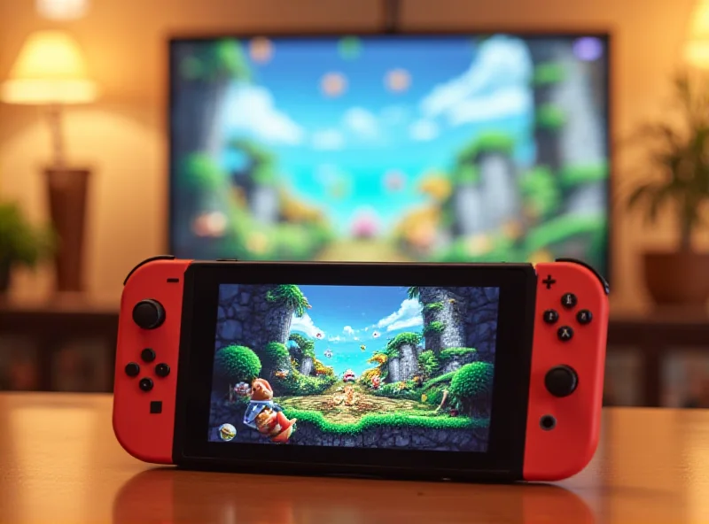 A Nintendo Switch OLED console displaying Super Mario Bros. Wonder gameplay. The console is docked and connected to a large screen TV showing vibrant, colorful game graphics.