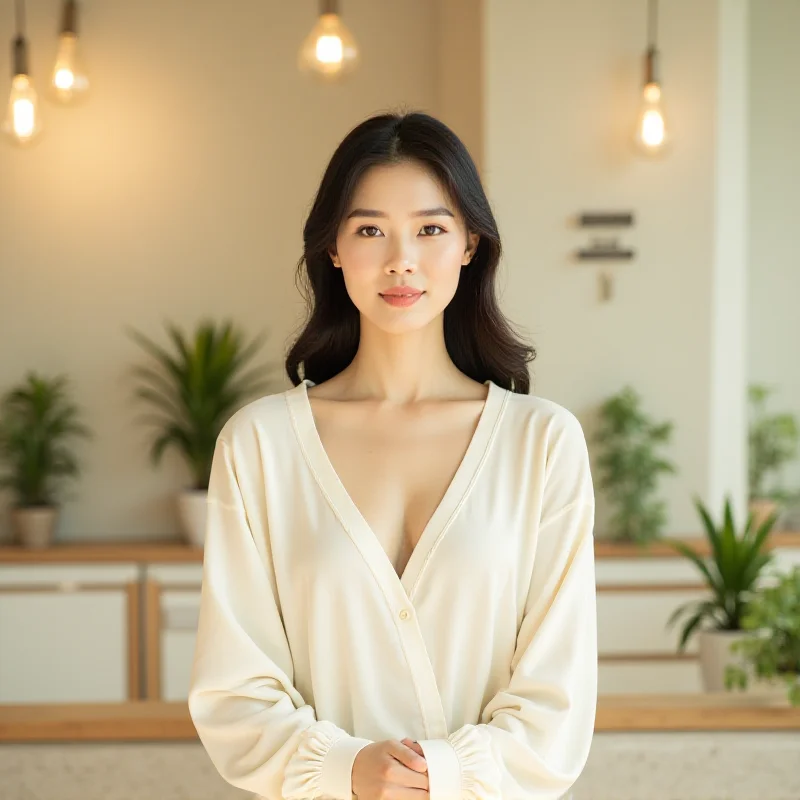 Joey Wong, a beautiful Taiwanese actress, standing serenely in a modern wellness center. She is dressed in comfortable, light-colored clothing, and the background features calming elements like potted plants, soft lighting, and minimalist decor.