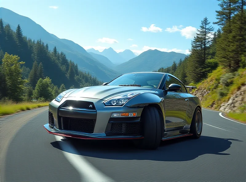 A sleek silver Nissan GT-R R35 speeding along a winding mountain road, showcasing its aerodynamic design and power.