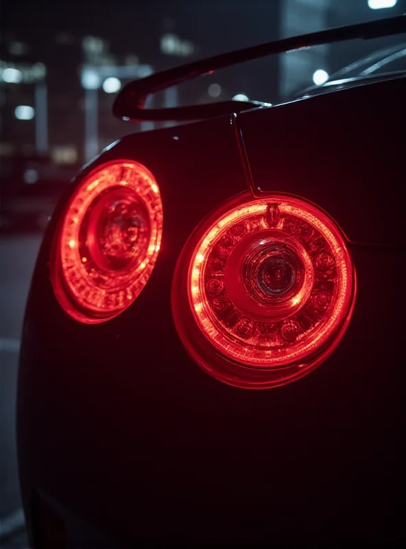 Close-up shot of the Nissan GT-R R35's iconic taillights, highlighting their distinctive circular design and futuristic aesthetic.