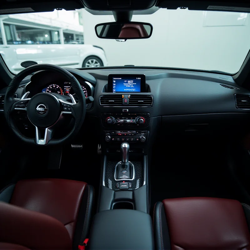 The interior of a Nissan GT-R R35, showcasing the driver-focused cockpit with its sporty seats, advanced infotainment system, and performance gauges.