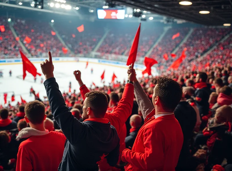 A packed stadium with fans cheering during a hockey game in Nitra, Slovakia. The stands are filled with people wearing team colors and waving flags. The atmosphere is energetic and exciting.