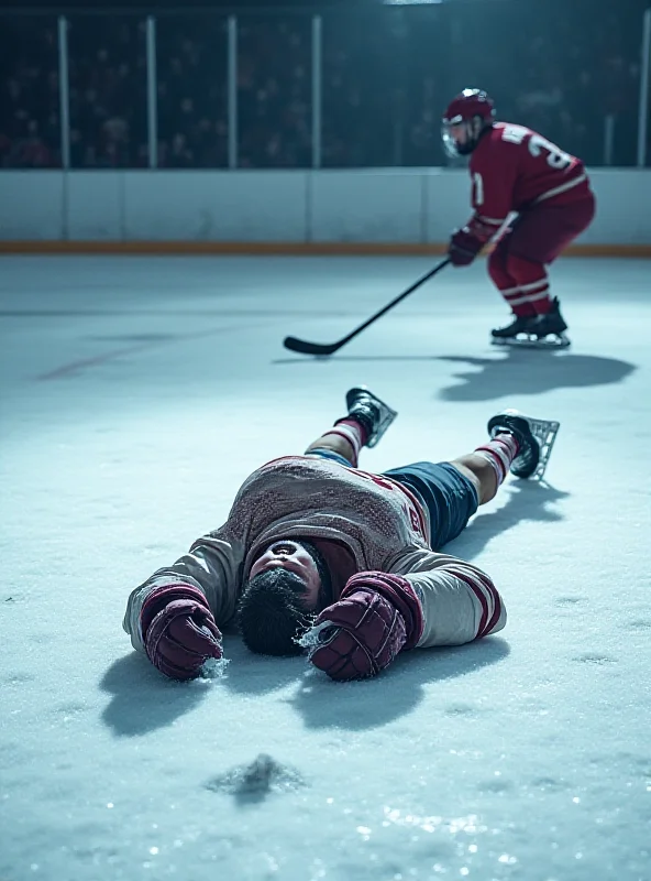 A hockey player lying on the ice rink, with another player skating nearby. The focus is on the downed player, and the image conveys a sense of vulnerability and potential injury.