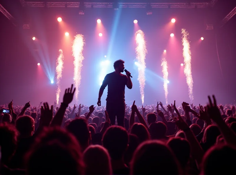 Coldplay performing at a concert with a large crowd in the background.