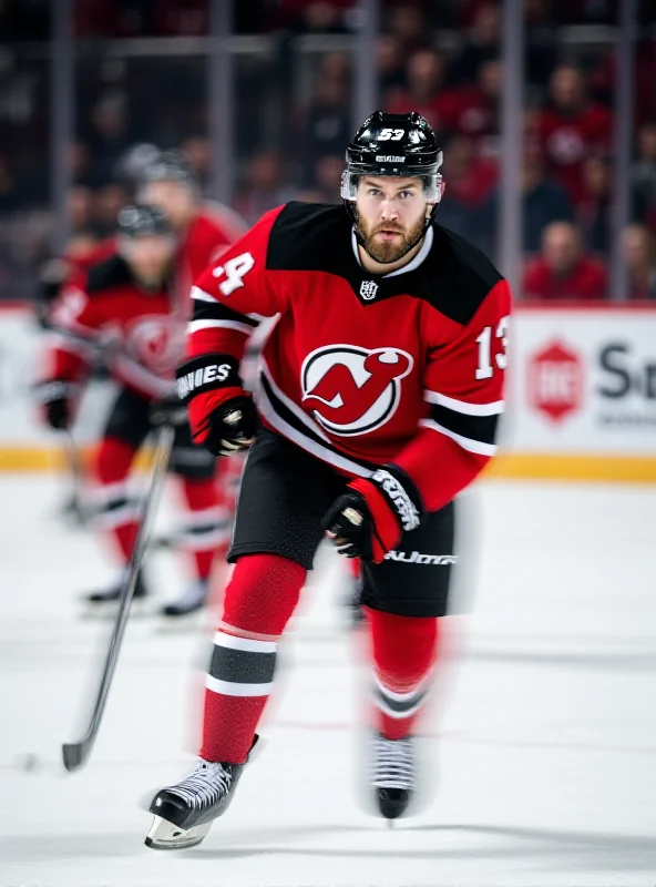 Jack Hughes skating on the ice during a hockey game, wearing a New Jersey Devils jersey.