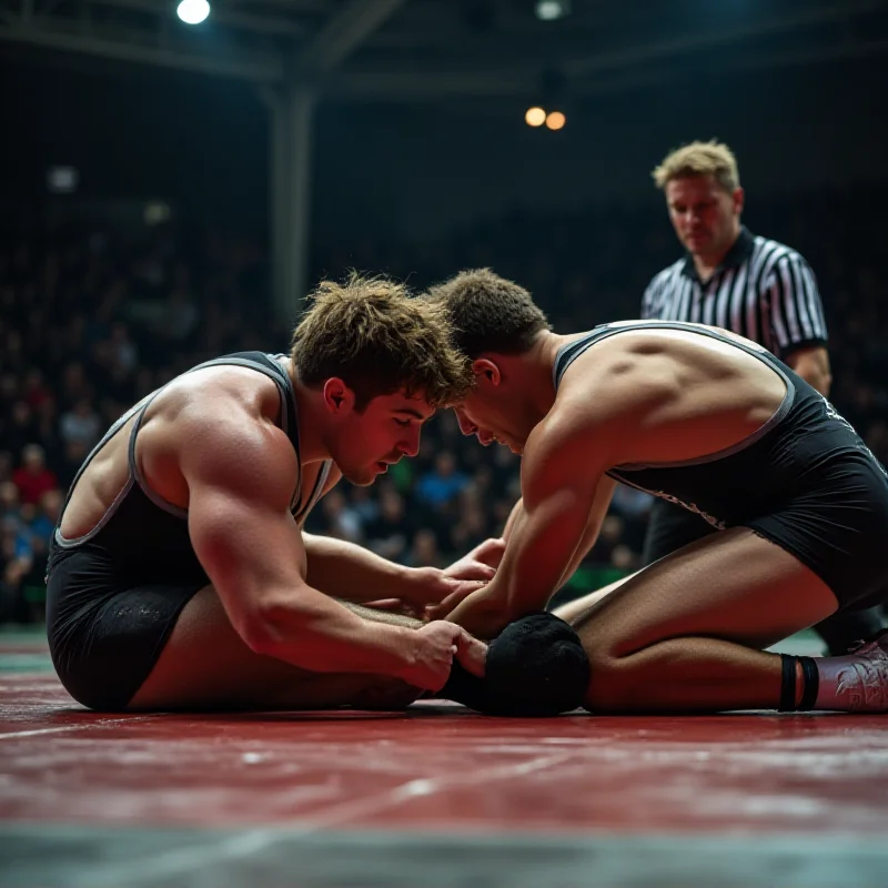 A wrestling match in progress, with two wrestlers grappling on a mat under bright arena lights.