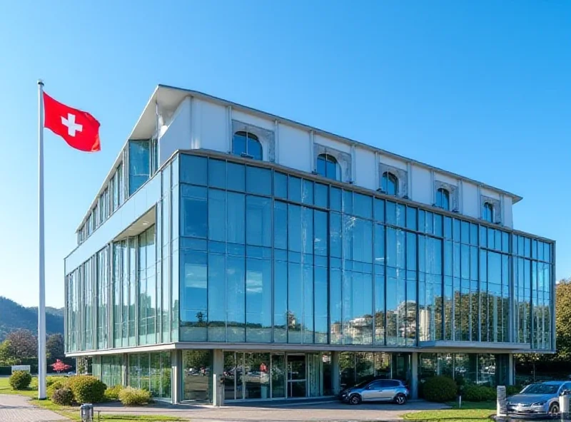 Exterior view of a modern Julius Baer office building in Zurich, Switzerland on a sunny day. A Swiss flag waves gently in the background.