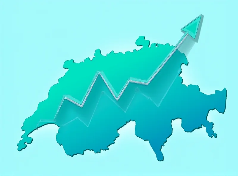 Abstract representation of a financial chart with upward trending arrows, symbolizing growth and recovery, overlaid on a map of Switzerland.