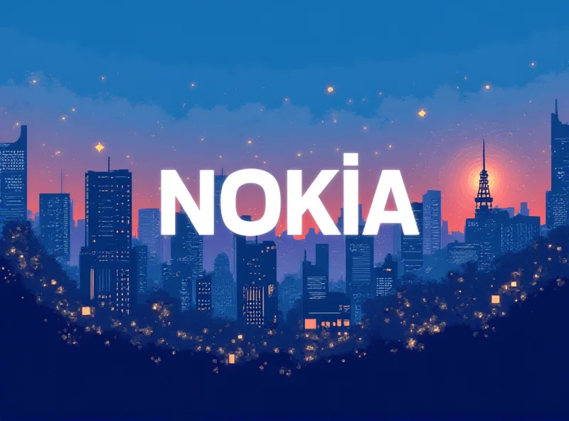 Illustration of Nokia logo over a cityscape with 5G network towers.