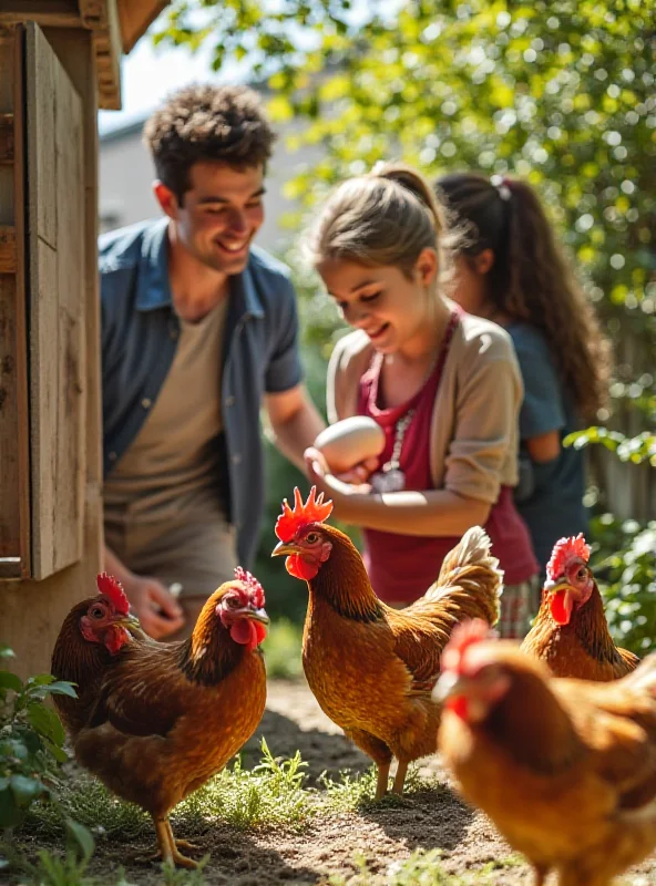 A family happily collecting fresh eggs from their rented chickens in their backyard.