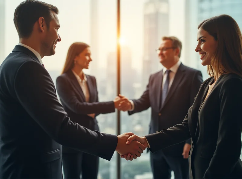 A group of business professionals shaking hands, symbolizing a successful deal or partnership.