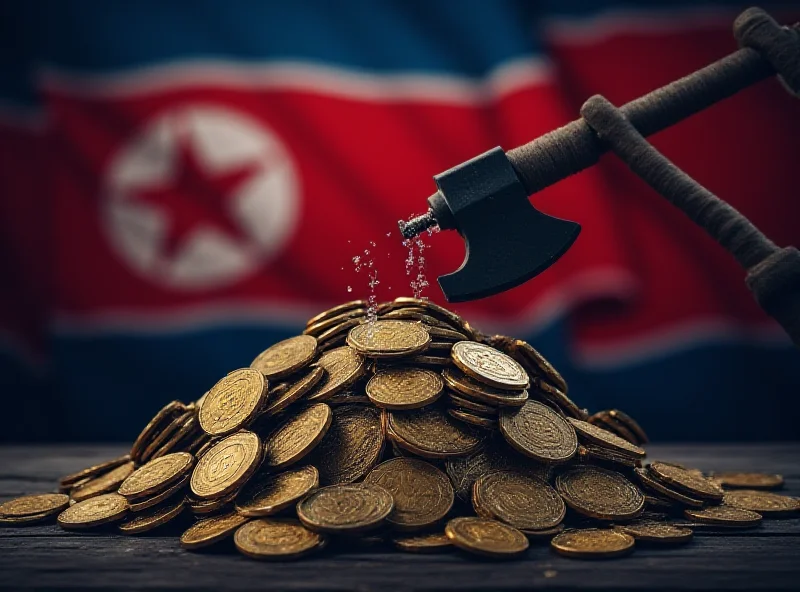 Illustration of cryptocurrency being hacked with North Korean flag in the background