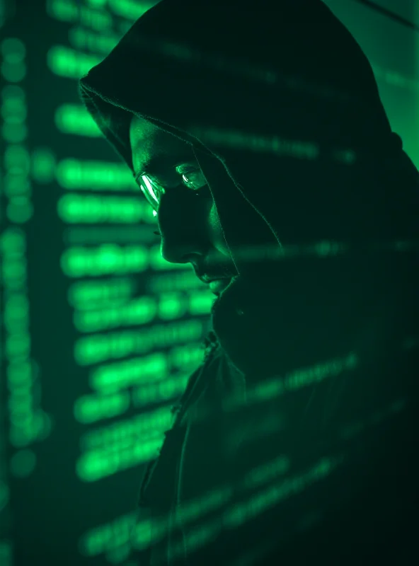 Close-up of a computer screen displaying lines of complex code with a faint silhouette of a hacker in the background