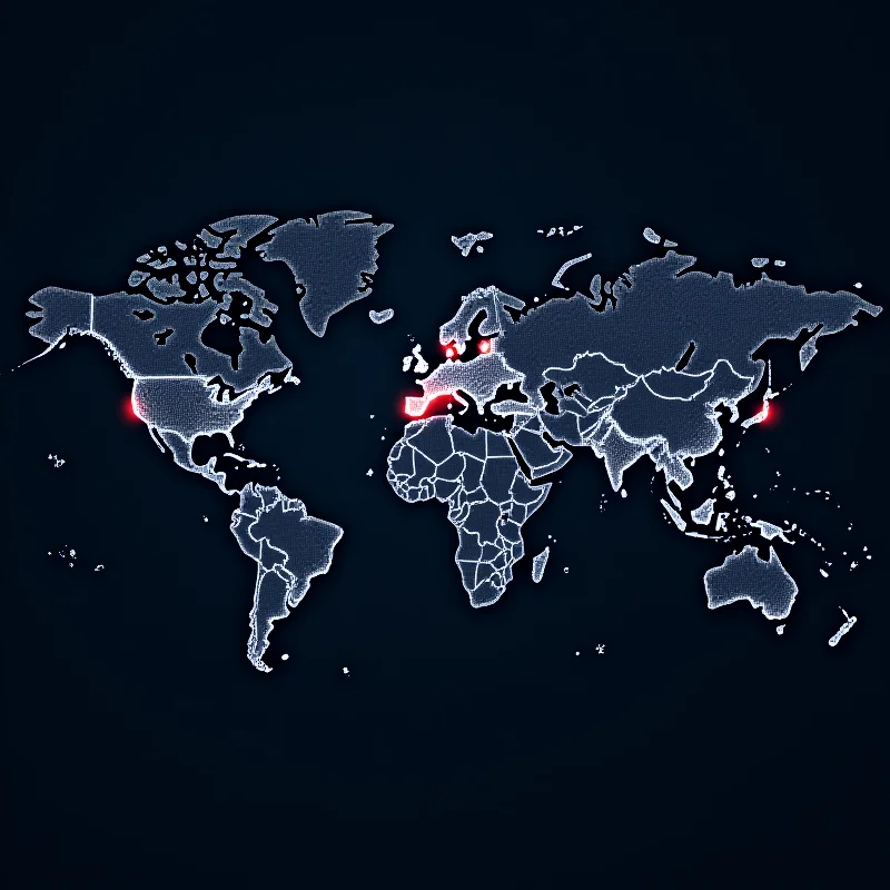 A world map with interconnected lines representing cyber networks and data flow, highlighting North Korea's location