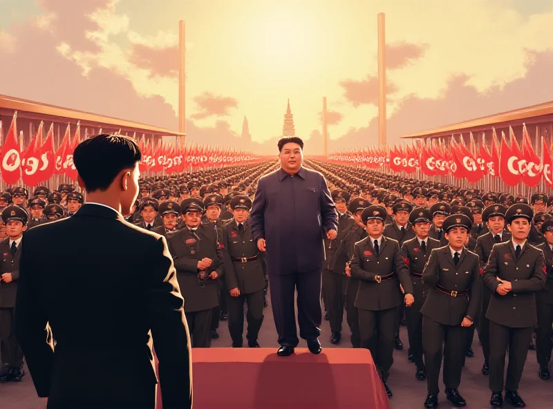 Illustration of North Korean soldiers standing at attention in a military parade. Kim Jong-un is watching them from a platform.