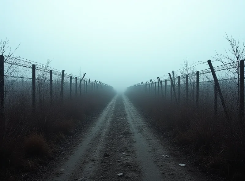 A photo of the demilitarized zone (DMZ) between North and South Korea, showing the stark division and military presence.