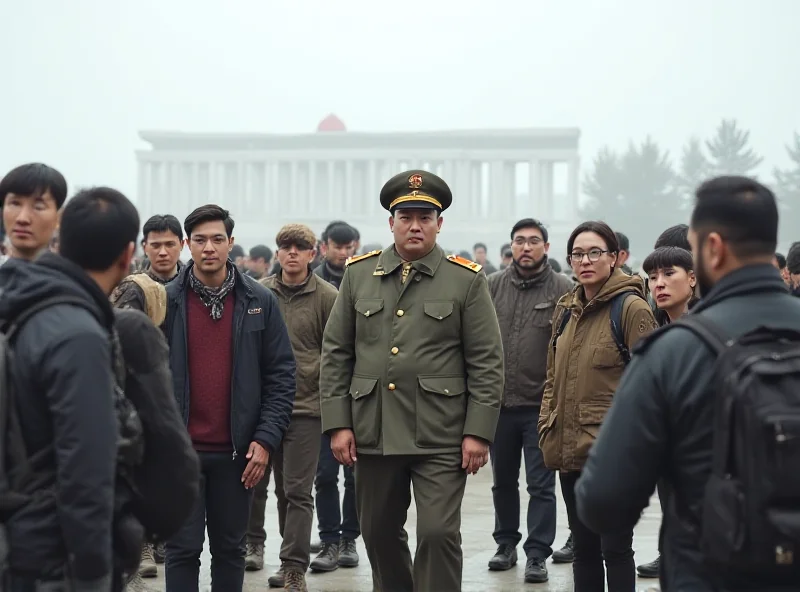 A group of tourists cautiously exploring a North Korean landmark under the watchful eye of a guide.