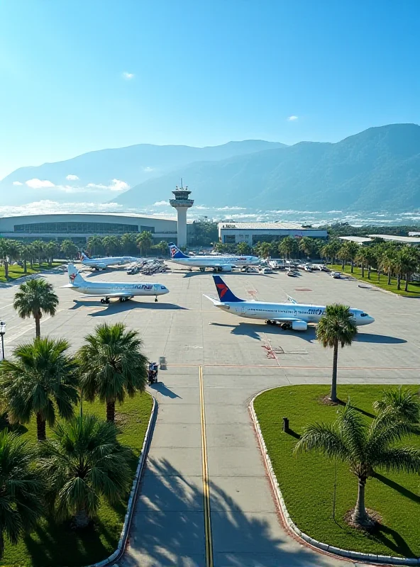 An aerial view of a modern airport terminal in Haiti, with planes parked on the tarmac and palm trees in the foreground.