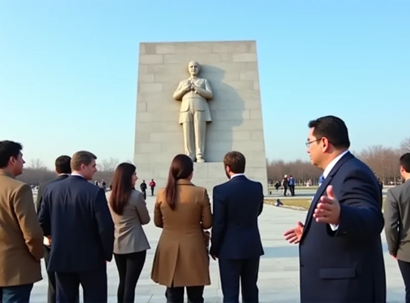 A group of tourists standing in front of a North Korean monument, with a tour guide explaining the history.