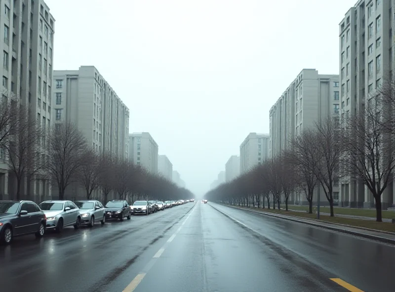 A wide shot of a North Korean city street with few cars and pedestrians. Buildings are visible in the background.