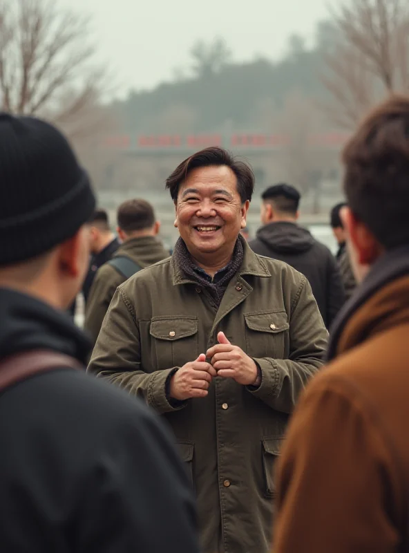 A close-up shot of a North Korean tour guide smiling and interacting with a group of tourists.