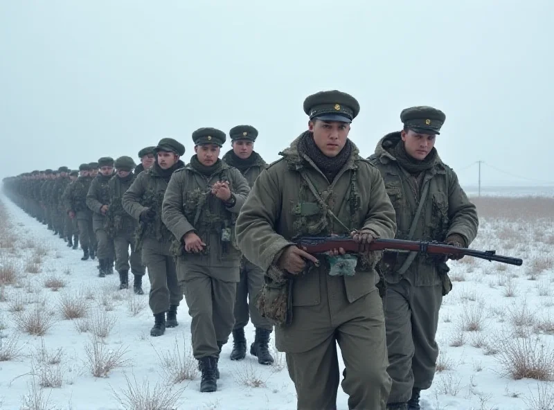 North Korean soldiers in camouflage gear advancing through a snowy field.