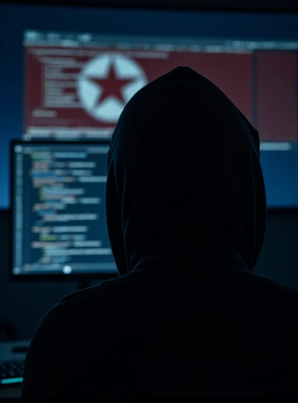 A shadowy figure in a hoodie hacking into a computer, with North Korean flag visible in the background.