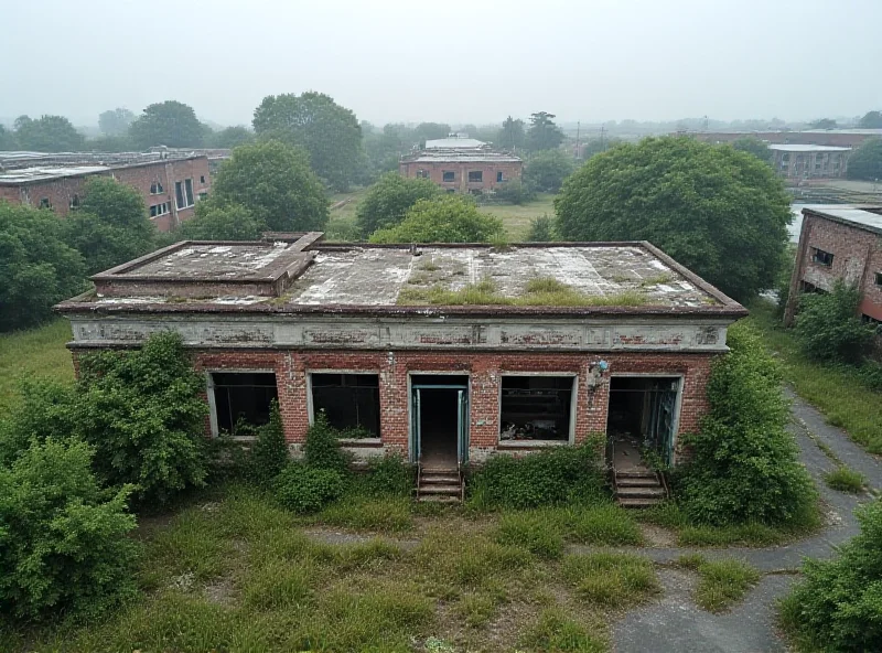 An aerial view of a derelict bus depot with overgrown vegetation and signs of disrepair.