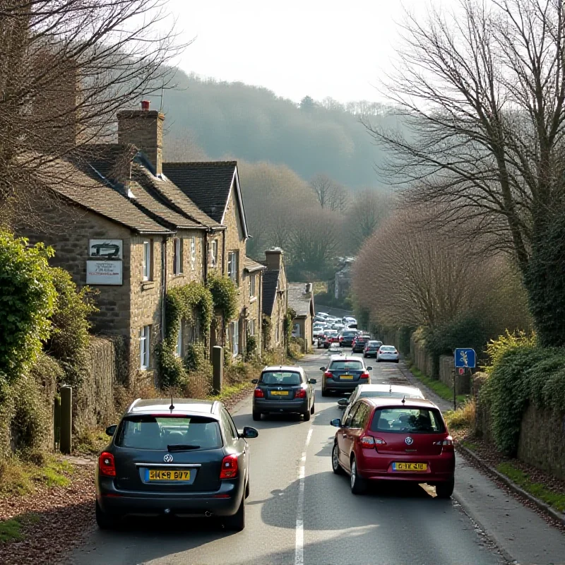 A winding rural road through a village, with traffic congestion and a sign indicating the village name 'Farthinghoe'.