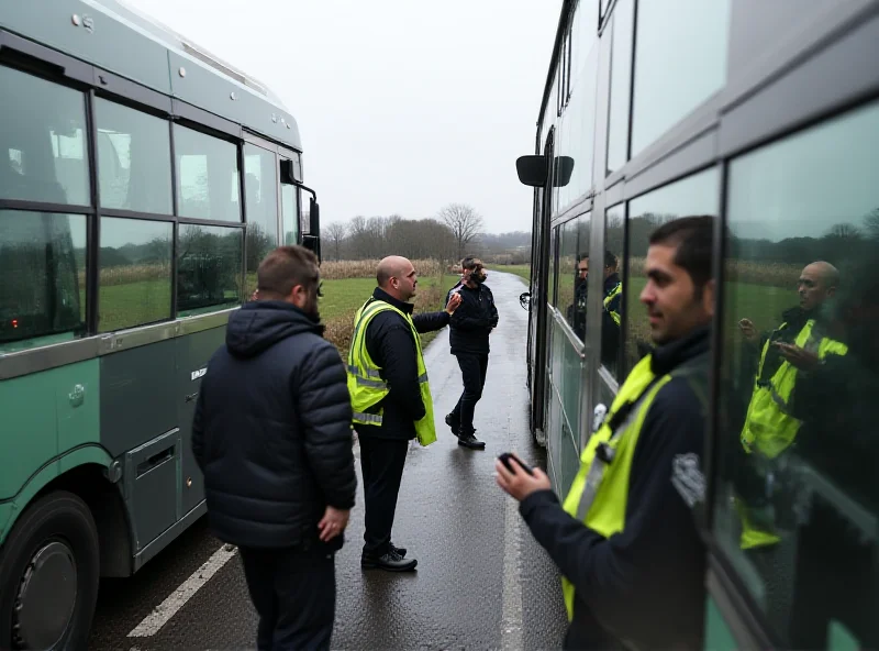 Garda officers conducting immigration checks on a bus at a rural border checkpoint.