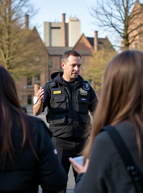 A concerned police officer addressing a group of students at a university campus.