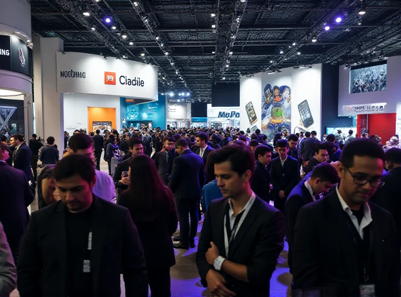 A crowd of people at Mobile World Congress looking at various smartphone displays.
