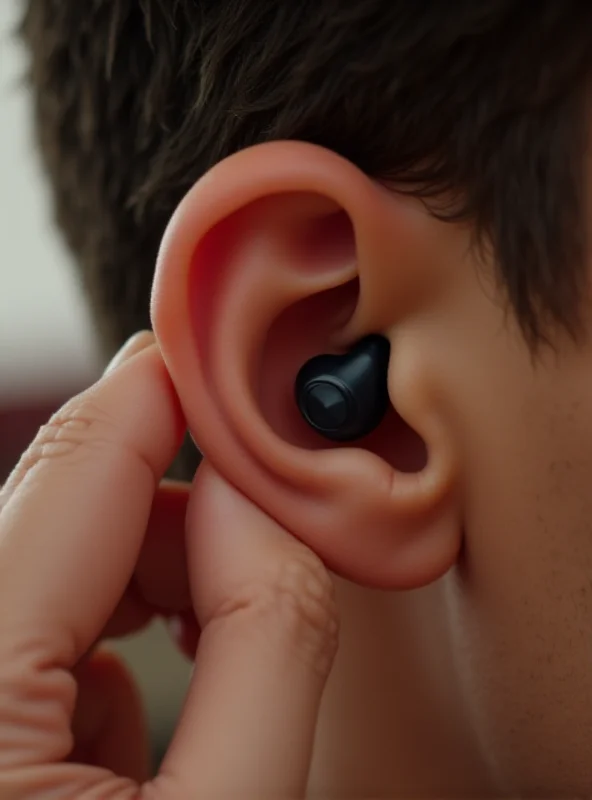 Close-up of a person twisting a Pixel Buds Pro 2 earpiece in their ear.