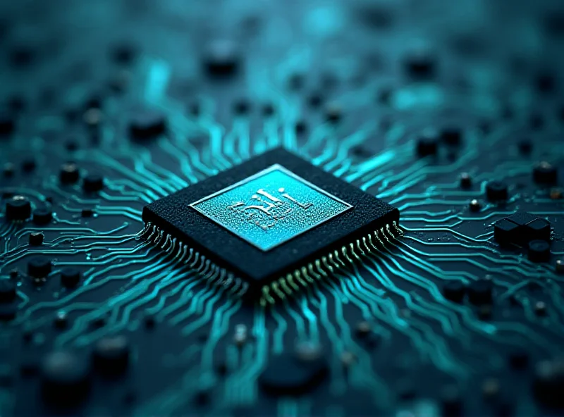 A close-up shot of an Nvidia AI chip on a circuit board, showcasing its intricate design and high-tech appearance. The background is blurred, emphasizing the chip.