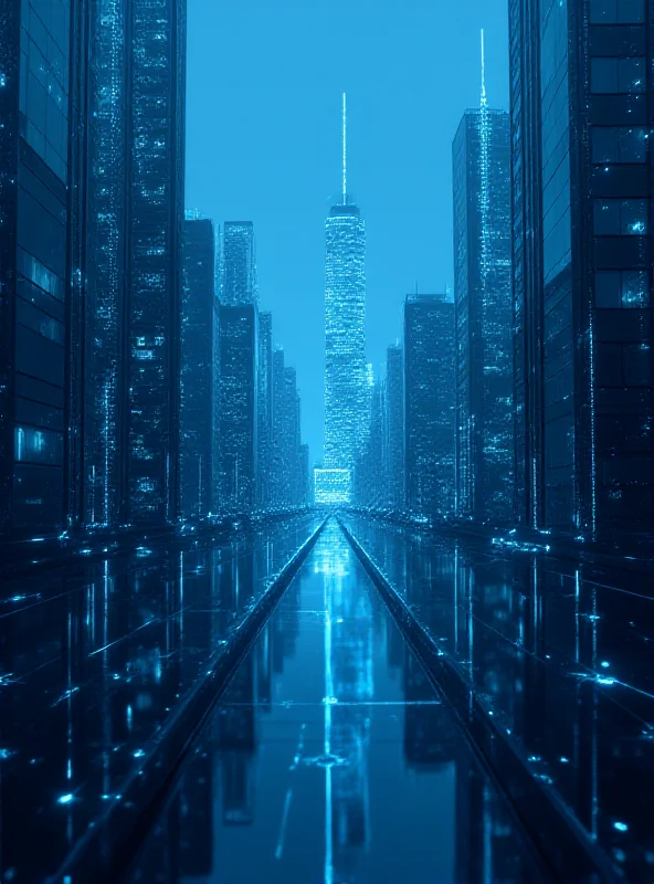 A futuristic cityscape with data streams flowing through buildings, representing Palantir's data analytics capabilities. The color palette is primarily blue and silver, conveying a sense of technological advancement.