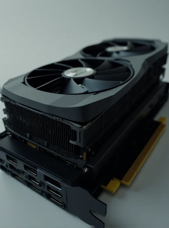 Close-up of an NVIDIA RTX 5070 Ti GPU with a focus on its cooling system and intricate design.