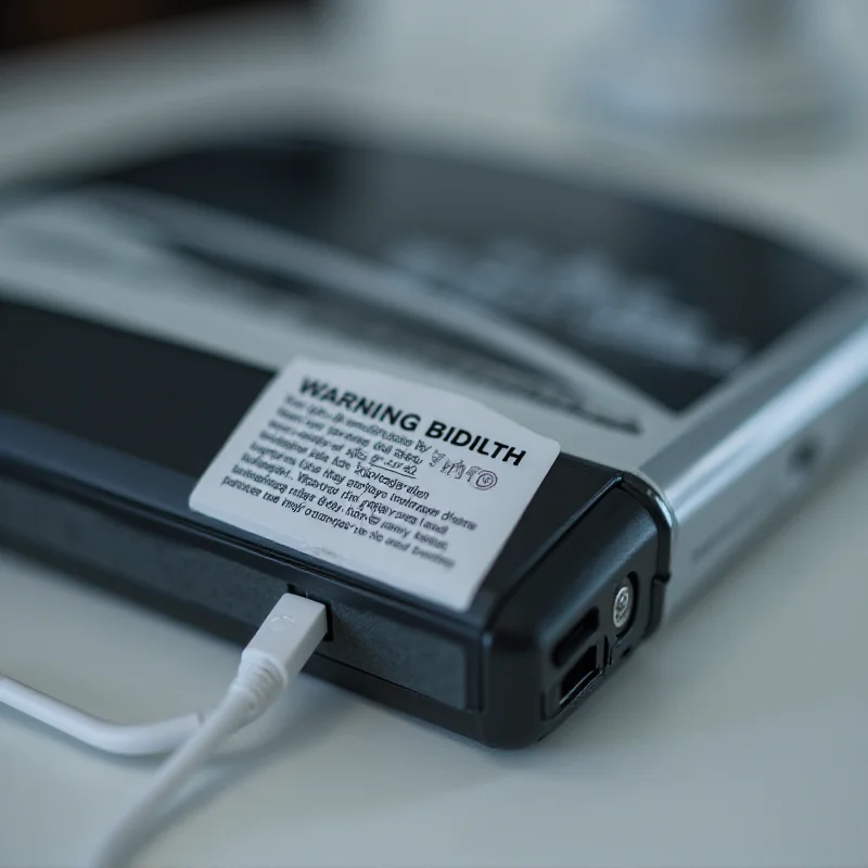 A close-up shot of a power bank with a warning label indicating its capacity.