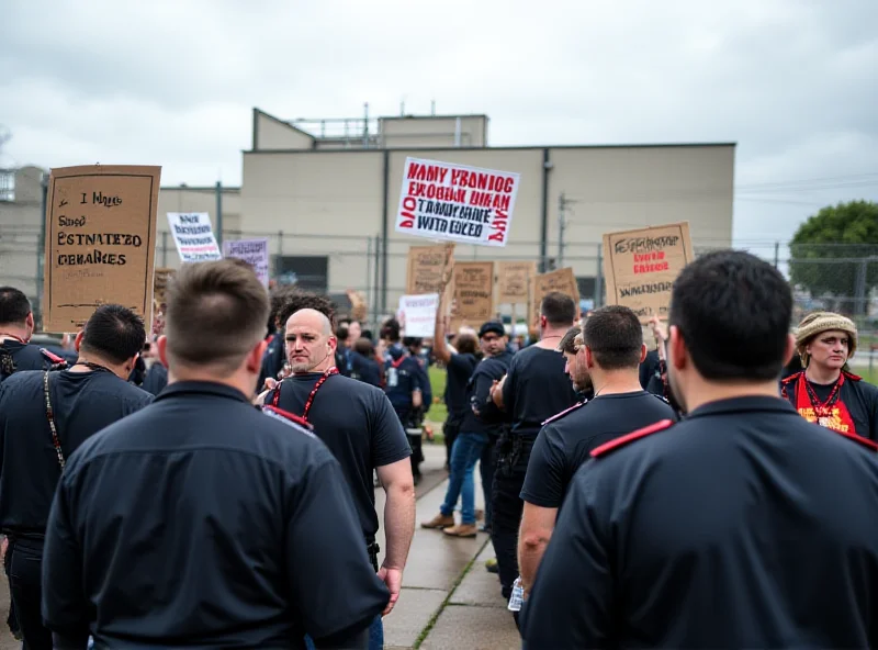 A group of prison guards protesting outside a correctional facility, holding signs and chanting slogans.