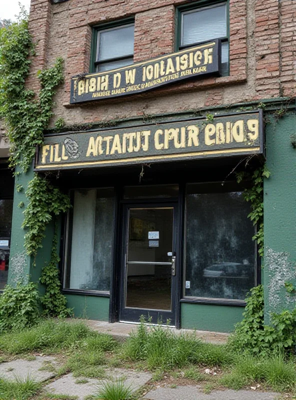 A closed and empty storefront with a sign that says 'Future Cannabis Dispensary' with faded paint and overgrown weeds.