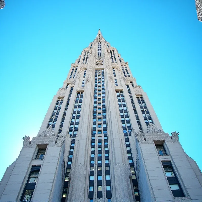 The Chrysler Building in New York City, viewed from a low angle, showcasing its art deco architecture, blue sky in the background
