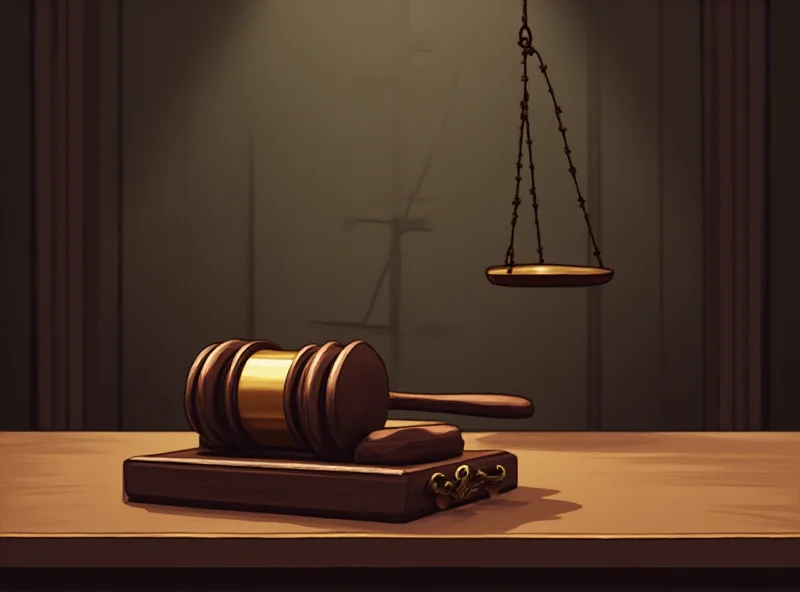 Illustration of a courtroom with a judge's gavel and scales of justice.