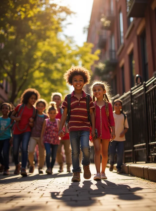 A diverse group of school children walking to school on a sunny morning in New York City.