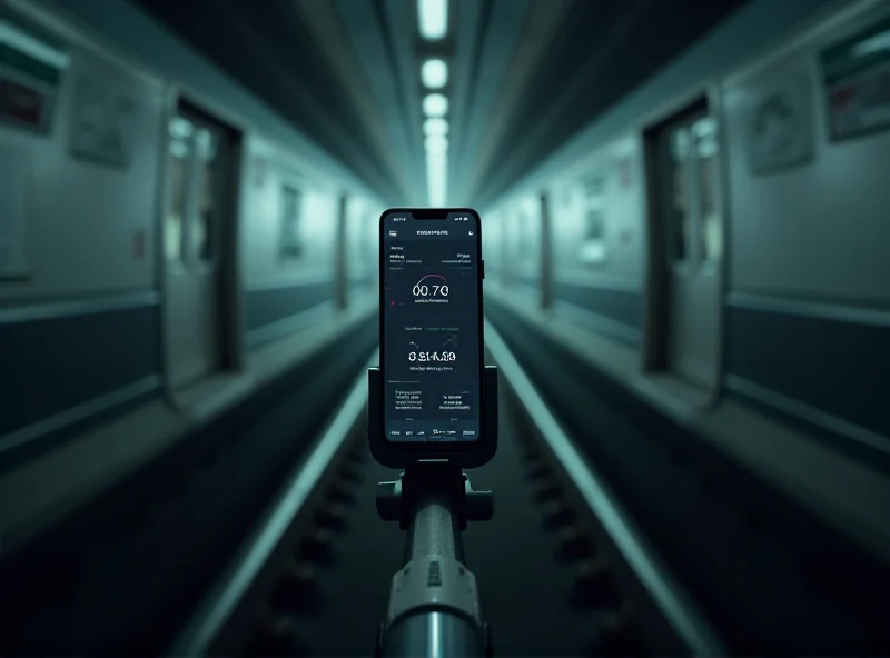 Image of a Google Pixel phone attached to a subway car, collecting data.