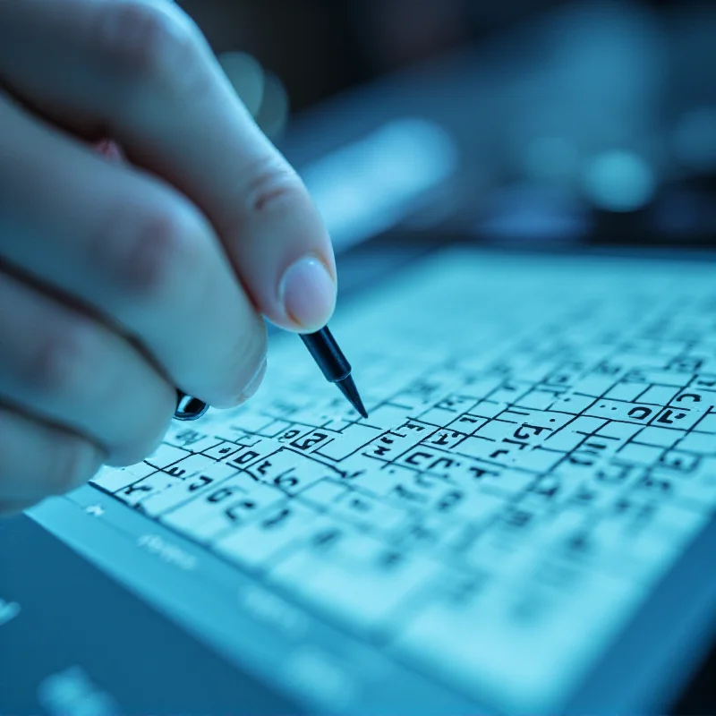 Close-up of a hand highlighting letters on a NYT Strands puzzle.