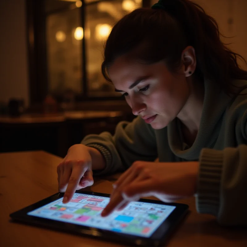 A person concentrating intently while working on a puzzle on their tablet.