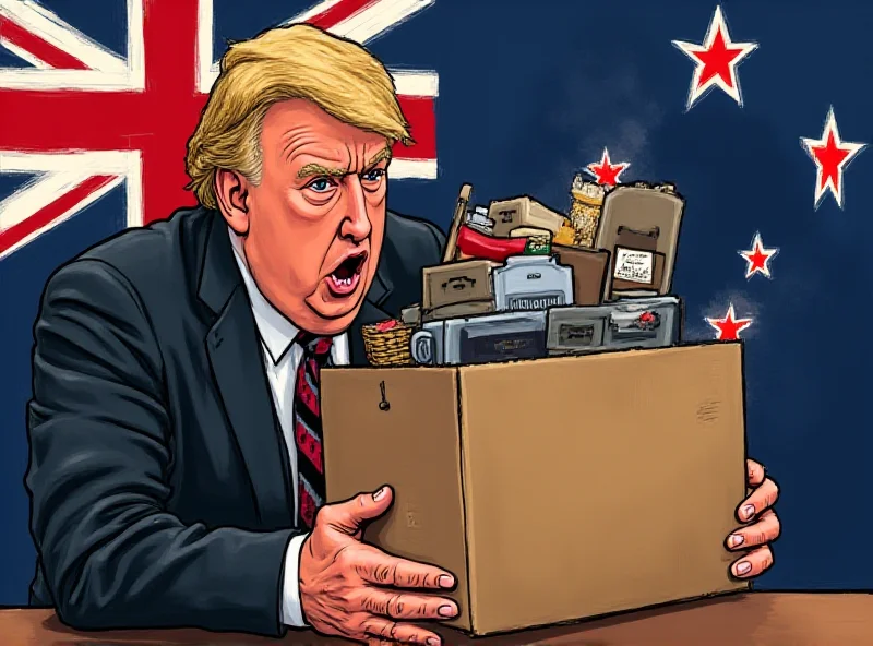 Illustration of a person being fired, with a New Zealand flag in the background and a faint silhouette of Donald Trump.