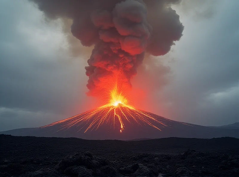 Dramatic photograph of a volcanic eruption with smoke and ash billowing into the sky. The image should convey a sense of danger and natural disaster.